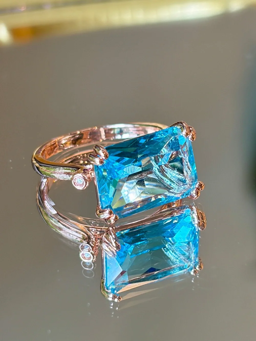 New Radiant Cut Simulated Aquamarine Rose Color Cocktail Statement Ring size 7